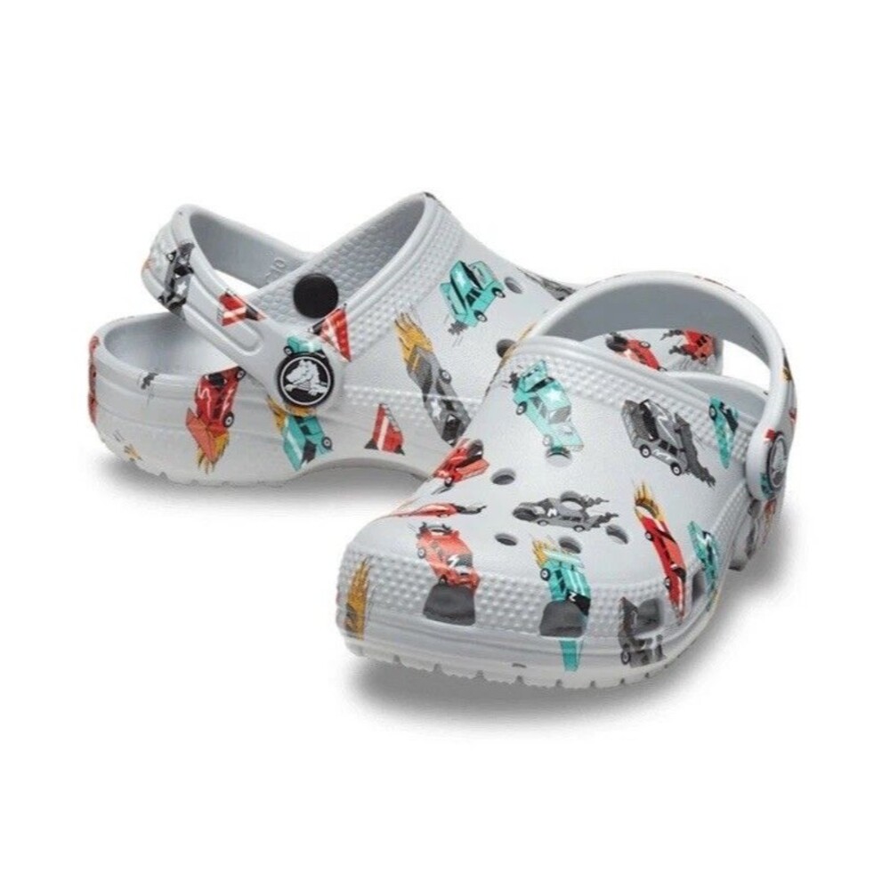 CROCS TODDLER CLASSIC RACE CARS GRAPHIC CLOG 210992 Mirage / Multi GRAY C9 NEW
